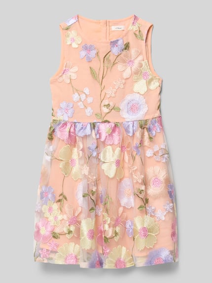 Produktfoto, Tailliertes Chiffonkleid mit Stickereien von s.Oliver RED LABEL, wielokolorowy, krój taliowany, okrągły dekolt, hafty, bez rękawów, zamek w szwie, materiał chiffon