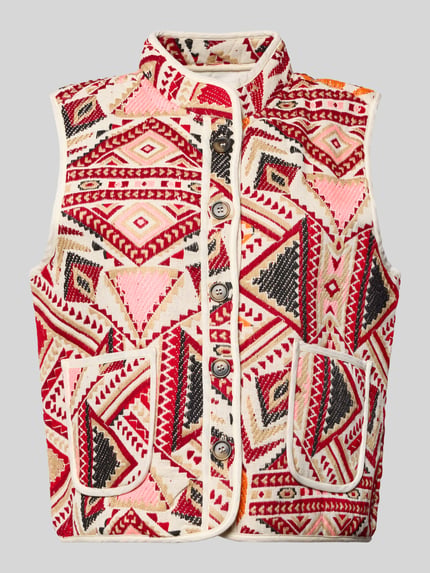 Produktfoto, Weste met opstaande kraag model 'Cairo' van LOLLYS LAUNDRY in rood, roze en crème, rechte snit, katoenmix, knoopsluiting, steekzakken.