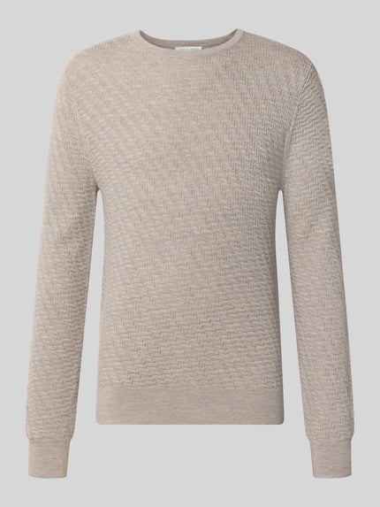 Produktfoto, Wollpullover mit Struktur-Muster Modell 'Connor' von Tiger of Sweden aus reiner Wolle in Beige, gerader Schnitt, Rundhalsausschnitt, Texturdetails.