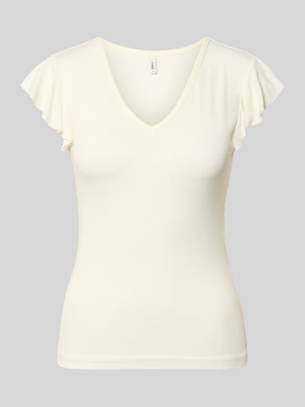 Produktfoto, Slim Fit Top aus Viskose-Mix Modell 'BELLA' von Only in Unifarbe, kurzarm, V-Ausschnitt, feine Jersey-Textur, Vorderansicht