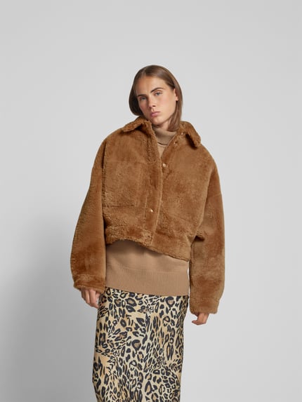 Iro Oversized leren jas met bontlook Hazelnoot - 4