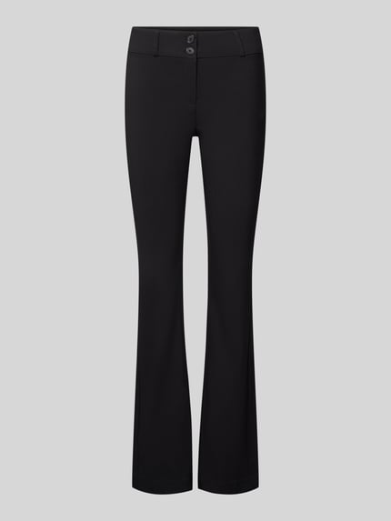 Produktfoto, schwarze Stoffhose mit Gesäßleistentasche von REVIEW, Flared Fit, glatte Textur, mittelhoher Bund, Vorderansicht, Viskose-Mix mit Stretch-Anteil, französische Eingrifftaschen, Knopf- und Reißverschluss.