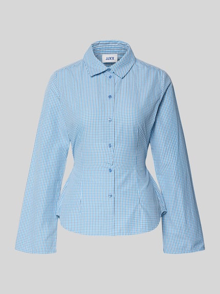 Produktfoto, Regular Fit Bluse mit Bindegürtel Modell 'CARO' von JJXX, dames blouse met katoenmix, materiaalmix, ruglengte maat S 64 cm, mouwlengte 64 cm, blauw-wit ruitjesmotief, gladde textuur