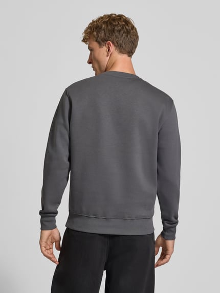 Männermodel trägt Sweatshirt mit Label-Details von Alpha Industries in Dunkelgrau, gerader Schnitt, Rückenansicht, Ganzkörperansicht Rückansicht. Baumwoll-Mix, gerippte Abschlüsse, Größe M: Rückenlänge 69 cm, Ärmellänge 72 cm.