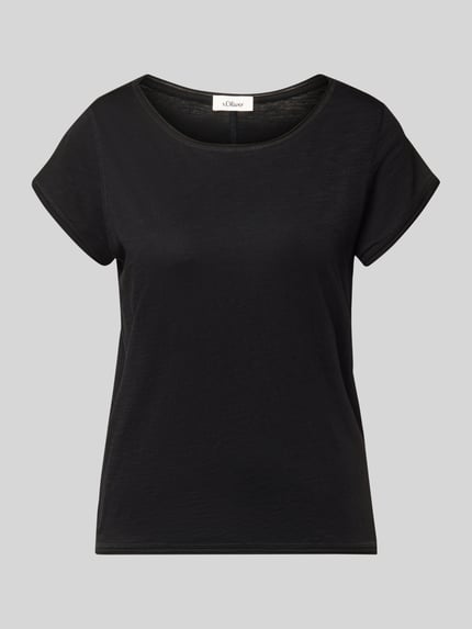Produktfoto, Regular Fit T-Shirt aus Baumwoll-Flammgarn von s.Oliver RED LABEL in Schwarz, Melange-Optik, kurzarm, Rollsaum, glatte Textur
