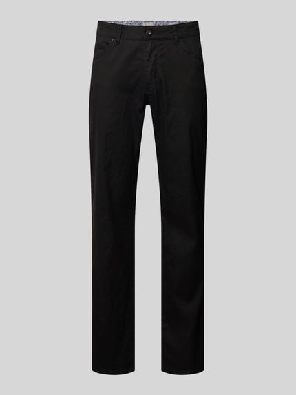 Productfoto, zwarte Regular Fit Stoffhose uit katoen-linnenmix model 'CADIZ' van Brax, uni, label patch, logodetail, 5-pocket, riemlussen, knoopsluiting
