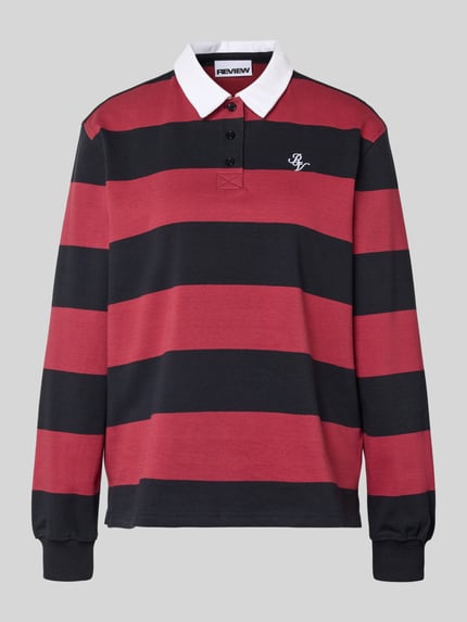 Produktfoto, Polo-Langarmshirt mit Streifen und kontrastiger Knopfleiste von Review aus reiner Baumwolle, Regular-Fit, gesticktes Logo in Kontrastfarbe