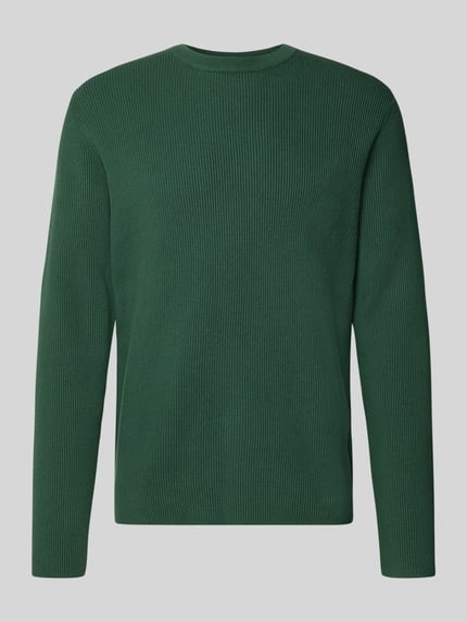 Produktfoto, Slim Fit Strickpullover Baumwoll-Mix von Lindbergh in Dunkelgrün, gerippte Optik, Rundhalsausschnitt, glatte Textur