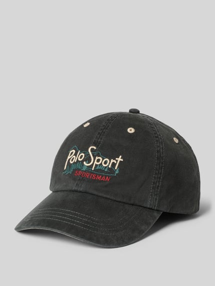 Produktfoto, Cap aus reiner Baumwolle von Polo Ralph Lauren in Schwarz mit gesticktem Logo, gebogener Schirm, sichtbare Nähte, strukturierte Oberfläche.