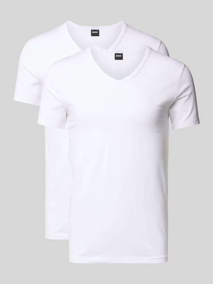 Produktfoto, T-Shirt mit V-Ausschnitt im 2er-Pack Modell 'Modern' von BOSS aus Baumwoll-Elasthan-Mix, eng anliegender Schnitt, weiß, gerippter V-Ausschnitt, dezentes Label-Detail.