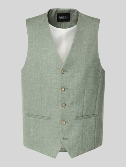 Produktfoto, Regular Fit Weste mit Viskose-Anteil Modell 'Edgar' von DIGEL, Elastischer-Material-Mix, Denim-Optik, V-Ausschnitt, naturgrüne Farbe, durchgehende Knopfleiste, glatte und fein strukturierte Textur, Herren Weste, Rückenlänge bei Größe 50: 61 cm.