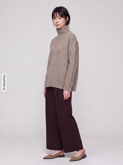Vrouwenmodel draagt Loose Fit Pullover uit pure wol model 'BORGIA' van Weekend Max Mara, Dames pullover, Ganzichaamsaanzicht van voren, KI-modificeerd beeld.