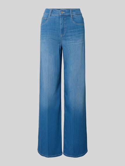 Produktfoto, Jeans met wijd been Model 'LIVA' van Angels, katoenmix met stretch, used-look, persplooien, blauwe tinten, detailopname.