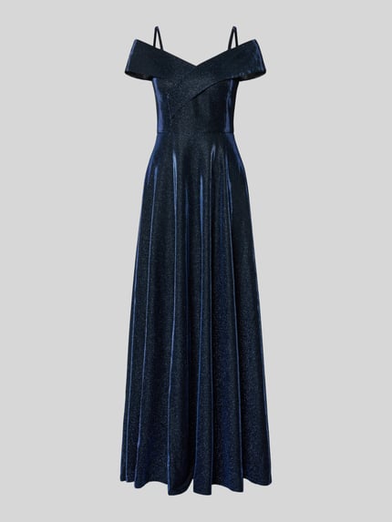 Produktfoto, Regular Fit Avondjurk in Glitterlook van Christian Berg Cocktail, A-lijn, getailleerde pasvorm, spaghettibandjes, off-shoulder-design, naadritssluiting, donkerblauw met glanzende textuur