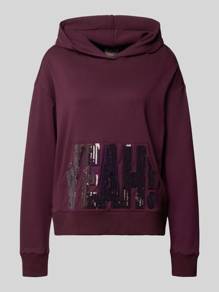 Produktfoto, Hoodie aus Viskose-Mix mit Känguru-Tasche und Pailletten von Milano Italy in Dunkellila, Relaxed-Fit, Pailletten auf Frontprint