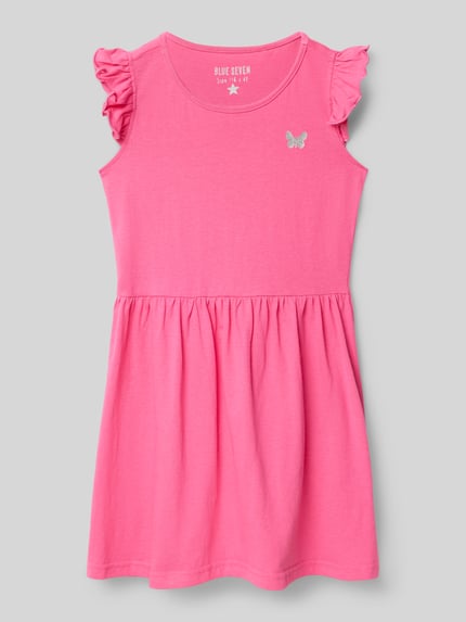Productfoto, roze jurk met A-lijn, ruches en motief, puur katoen, ronde hals, ruglengte maat 116: 59 cm, Kleid mit Rüschen und Motiv van Blue Seven