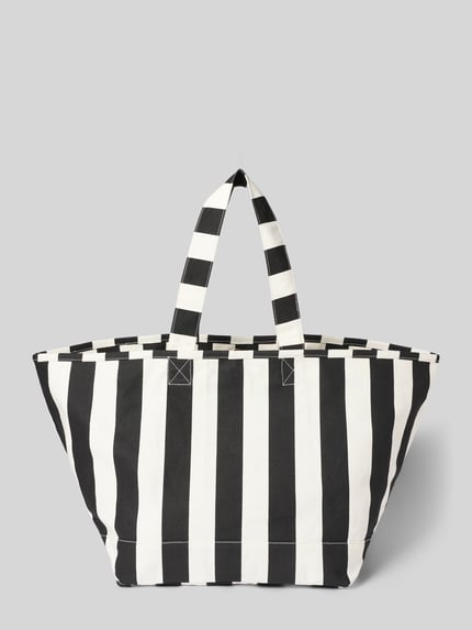 Productfoto, Shopper in allover-look model 'JUNO' van Barts, zwart-witte verticale strepen, katoen, draaghengsels, 35x37x35 cm, schouderriem 57 cm.