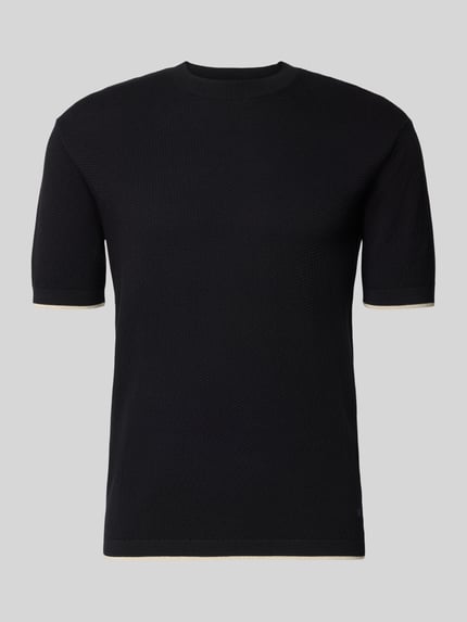 Produktfoto, Strickshirt mit Strukturmuster und Rundhalsausschnitt von Emporio Armani, reine Baumwolle, Regular Fit, schwarze Farbe, Strukturmuster gut sichtbar, Rückenlänge bei Größe M 65 cm.