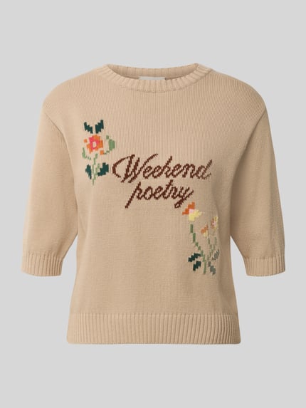 Produktfoto, Regular fit gebreid shirt uit katoenmix model 'FIACRE' van Weekend Max Mara, effen beige met gebreide bloemen en tekst