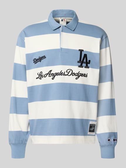 Produktfoto, Relaxed Fit Poloshirt aus reiner Baumwolle von Champion mit blau-weißen Blockstreifen, Statement-Stitching, Langarm, Polokragen