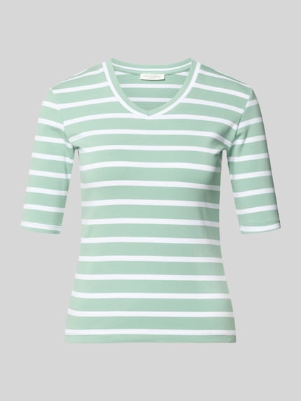 Produktfoto, T-Shirt mit Streifenmuster und V-Ausschnitt von Christian Berg Woman, Damen T-Shirt aus Baumwoll-Elasthan-Mix, Regular-Fit