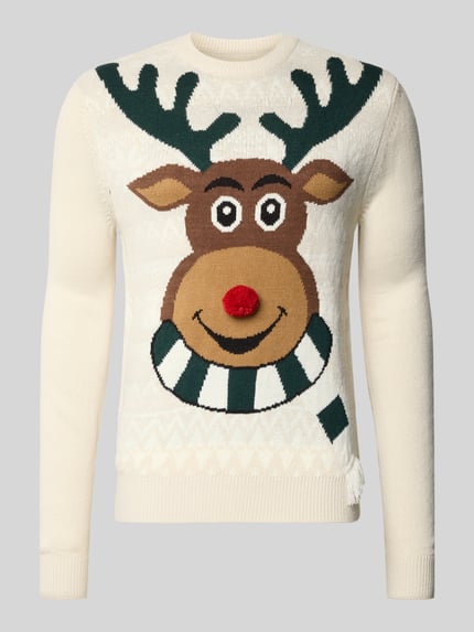 Produktfoto, cremefarbener Regular Fit Strickpullover mit Motiv-Stitching Modell 'RUDOLPH' von Montego, gerippte Abschlüsse, Herrenpullover
