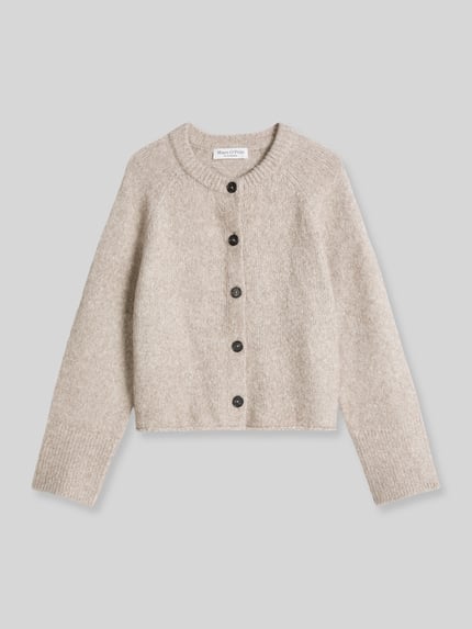 Produktfoto, Strickjacke aus Alpaka Wolle mit Rollsaum von Marc O'Polo in beigefarbener Melange, Struktur-Muster, Baumwollmix-Alpaka-Wolle-Mix.