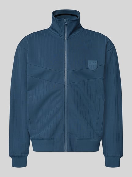 Produktfoto, Regular Fit Sweatjacke aus Baumwoll-Mix Modell 'DAVRONTO' von HUGO w kolorze niebieskim, faktura prążkowana, stójka, zamek, kieszenie po bokach, aplikacja z logo