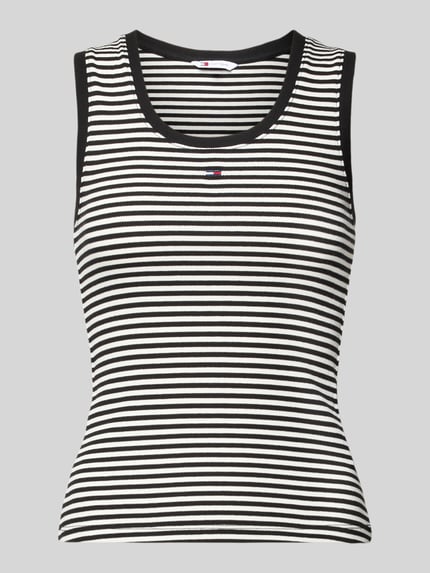 Produktfoto, Slim Fit Tank Top aus Baumwoll-Mix von Tommy Jeans, Optik: gestreift, Logo-Detail, Feinripp, U-Ausschnitt, Mehrfarbig