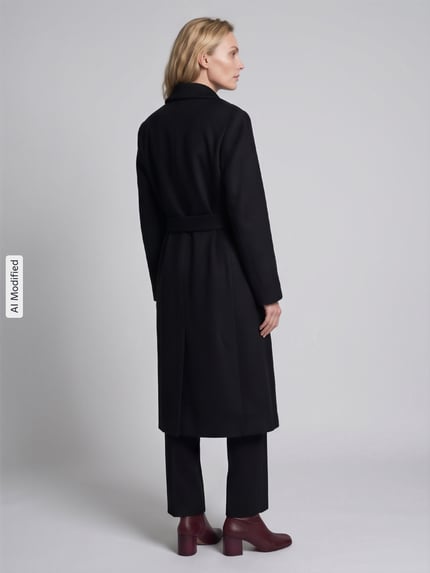 Frauenmodel trägt Regular Fit Mantel mit Woll-Anteil Modell 'Mindina' von HUGO in Schwarz, glatte Struktur, Ganzkörperansicht Rückansicht, KI-modifiziertes Bild. Damen Mantel von HUGO.