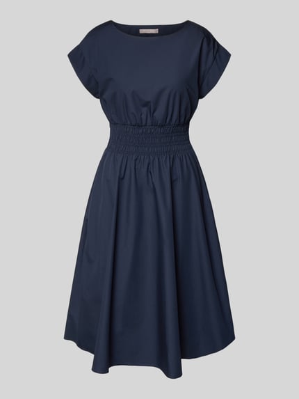 Produktfoto, Knielanges Kleid mit Rundhalsausschnitt von Christian Berg Woman Selection in Dunkelblau, taillierter Schnitt, elastisches Taillenband, Material-Mix mit Baumwoll-Anteil