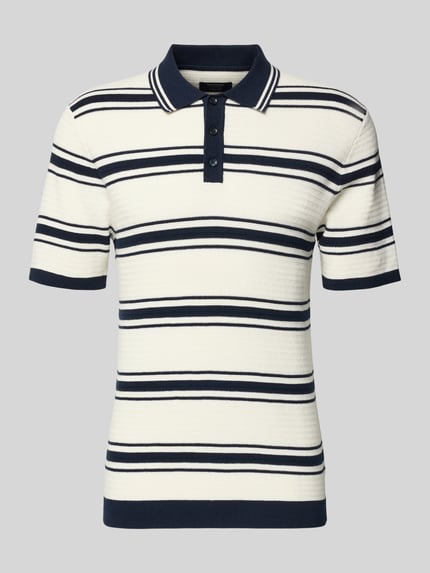 Produktfoto, Slim Fit Poloshirt in Strick-Optik von MCNEAL, cremefarben mit dunkelblauen Streifen, Polokragen, reine Baumwolle, glatte Textur