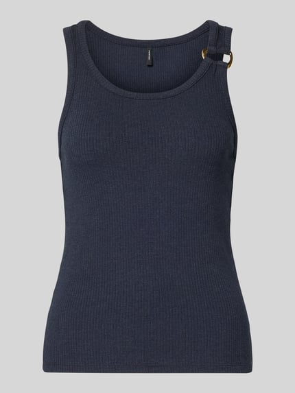 Produktfoto, Regular Fit Tank Top aus Viskose-Mix Modell 'KIKI' von Vero Moda in dunkelblau mit Rippstruktur, breiten Trägern und Zier-Applikation.