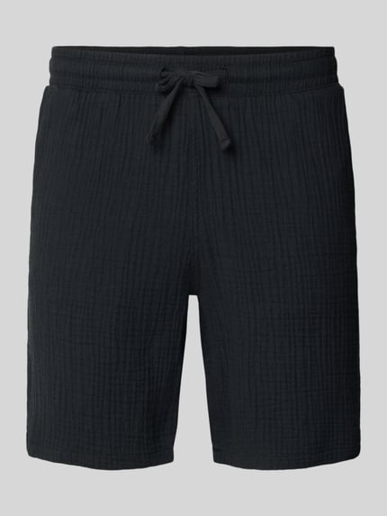 Productfoto, zwarte korte broek met structuurpatroon, elastische band met trekkoord, steekzakken, model 'AIDEN' van Jack & Jones, materiaalmix met katoen, straight fit, bandwijdte maat M 40 cm, binnenbeenlengte maat M 21 cm