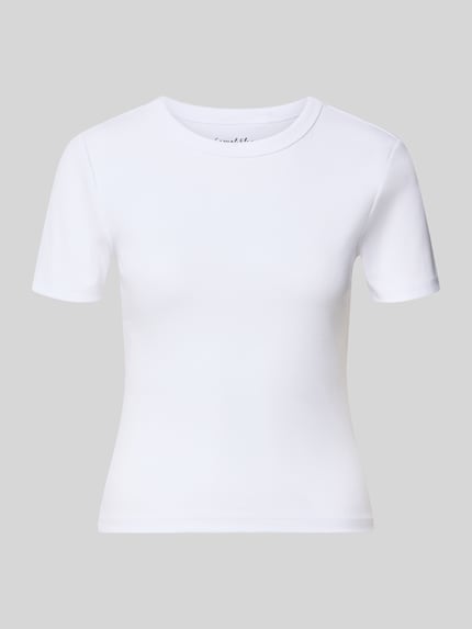 Produktfoto, biały damski t-shirt z krótkim rękawem o prostym kroju regular fit, gładka faktura, Regular Fit T-Shirt aus Baumwoll-Mix Modell 'VAL' von ONLY, damski t-shirt