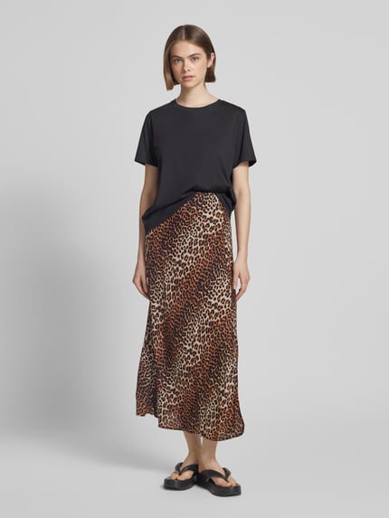 PIECES Uitlopende midirok met all-over motief, model 'NYA' Middenbruin - 1
