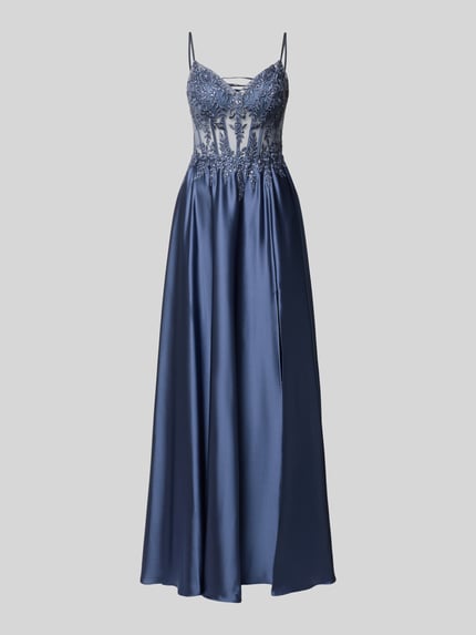 Produktfoto, Corsagenkleid mit rückseitiger Schnürung von Luxuar z satyny w kolorze granatowym, hafty, obszycie ozdobnymi kamieniami, długa sukienka, taliowany krój, długość tyłu w rozmiarze 36: 131 cm, szerokość klatki piersiowej w rozmiarze 36: 32 cm