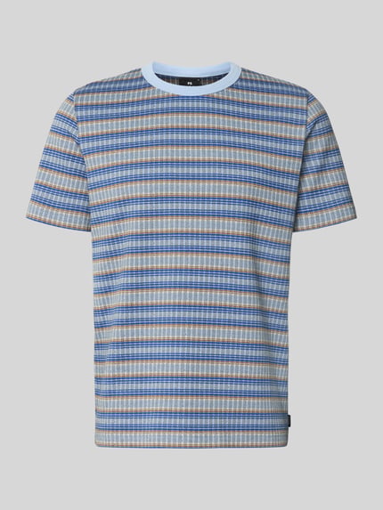 Produktfoto, Regular Fit T-Shirt aus reiner Baumwolle von Paul Smith, gestreiftes Kurzarmdesign in Blau, Gelb und Weiß, Rundhalsausschnitt