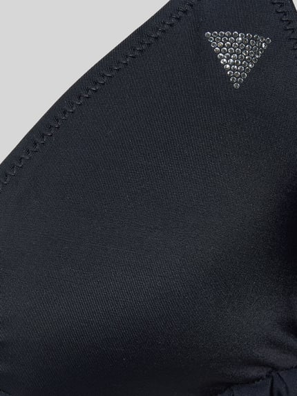 Produktfoto, Bikini-Oberteil mit Strasssteinbesatz Modell 'Violet' von Guess für Damen aus elastischem Material-Mix, Logo-Detail, schwarze glatte Textur