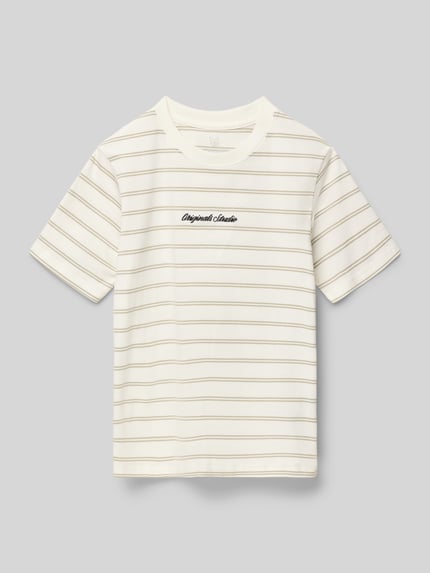 Productfoto, T-Shirt met strepenpatroon en stitching van Jack & Jones, katoen, regular fit, ronde hals, lengte achterkant maat 140: 52 cm
