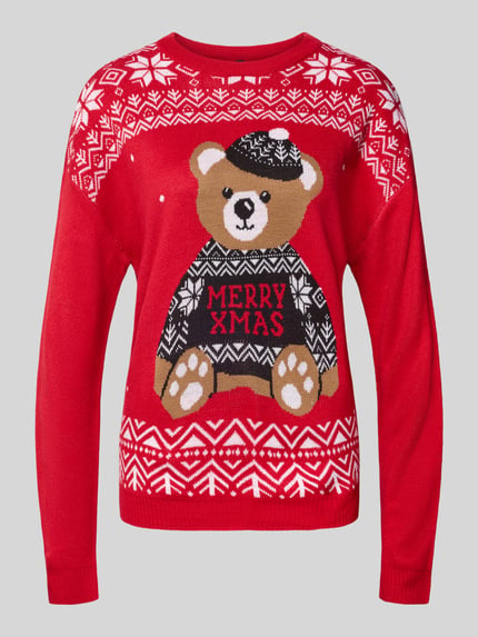Produktfoto, Regular Fit Strickpullover mit Weihnachtsmotiv Modell 'TEDDY' von Only, rot mit weißem, schwarzem grafischen Muster und Intarsien, Stricktextur