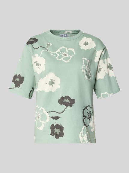 Produktfoto, T-Shirt im Allover-Look mit Rundhalsausschnitt von JAKE*S STUDIO WOMAN, miętowy kolor, białe i czarne kwiaty, czysta bawełna, krój regular fit, długość tyłu w rozmiarze S: 57 cm