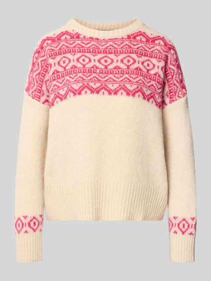 Produktfoto, Strickpullover mit Baumwoll-Anteil Modell 'Nordic' van miss goodlife, los vallend, staande kraag, geribde boorden, beige met roze patroon, materiaal-mix, ruglengte 54 cm, mouwlengte 45 cm.