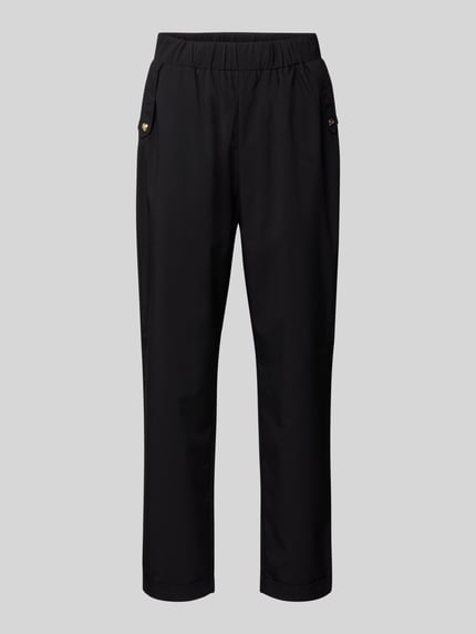 Produktfoto, Straight Fit Stoffhose mit Viskose-Anteil von LIU JO SPORT in Schwarz, gefertigt aus Material-Mix mit Zierbesatz und elastischem Bund, 7/8-Länge, Bundweite 39 cm, Innenbeinlänge 69 cm.