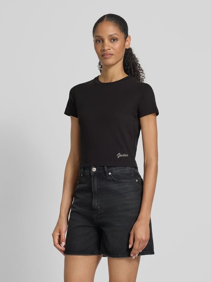 GUESS T-shirt z detalem z logo Czarny 4