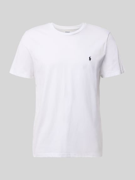 Produktfoto, weißes T-Shirt mit Logo-Stitching von Polo Ralph Lauren aus reiner Baumwolle, gerade Passform, Rundhalsausschnitt, 70 cm Rückenlänge in Größe M