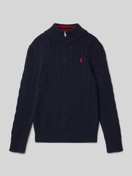 Produktfoto, Strickpullover mit Zopfmuster und Stehkragen von Polo Ralph Lauren Teens, granatowy, bawełna, regular fit, zamek, logo, faktura