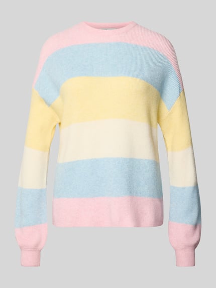 Produktfoto, Regular Fit Strickpullover aus Viskose-Mix Modell 'ATIA' von Only, mehrfarbig gestreift, Rundhals, Langarm, gerippte Abschlüsse, Strickoptik