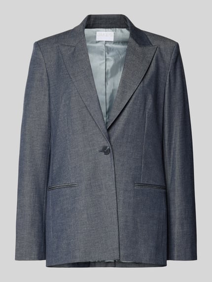 Produktfoto, Relaxed Fit Blazer in eleganter Denim-Optik von Jake*s Collection, mieszanka materiałów z dodatkiem wiskozy, krój relaxed fit, tkanina stylizowana na denim, kołnierz z połami, kieszenie z wypustkami, zapięcie na guzik, długość tyłu w rozmiarze 36: 72 cm, szerokość w rozmiarze 36: 47 cm, długość rękawów w rozmiarze 36: 64 cm
