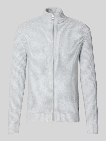 Produktfoto, Regular Fit Strickjacke mit Woll-Anteil von Tom Tailor o melanżowej optyce, krój regular fit, z zamkiem, stójką i długimi rękawami, dzianina